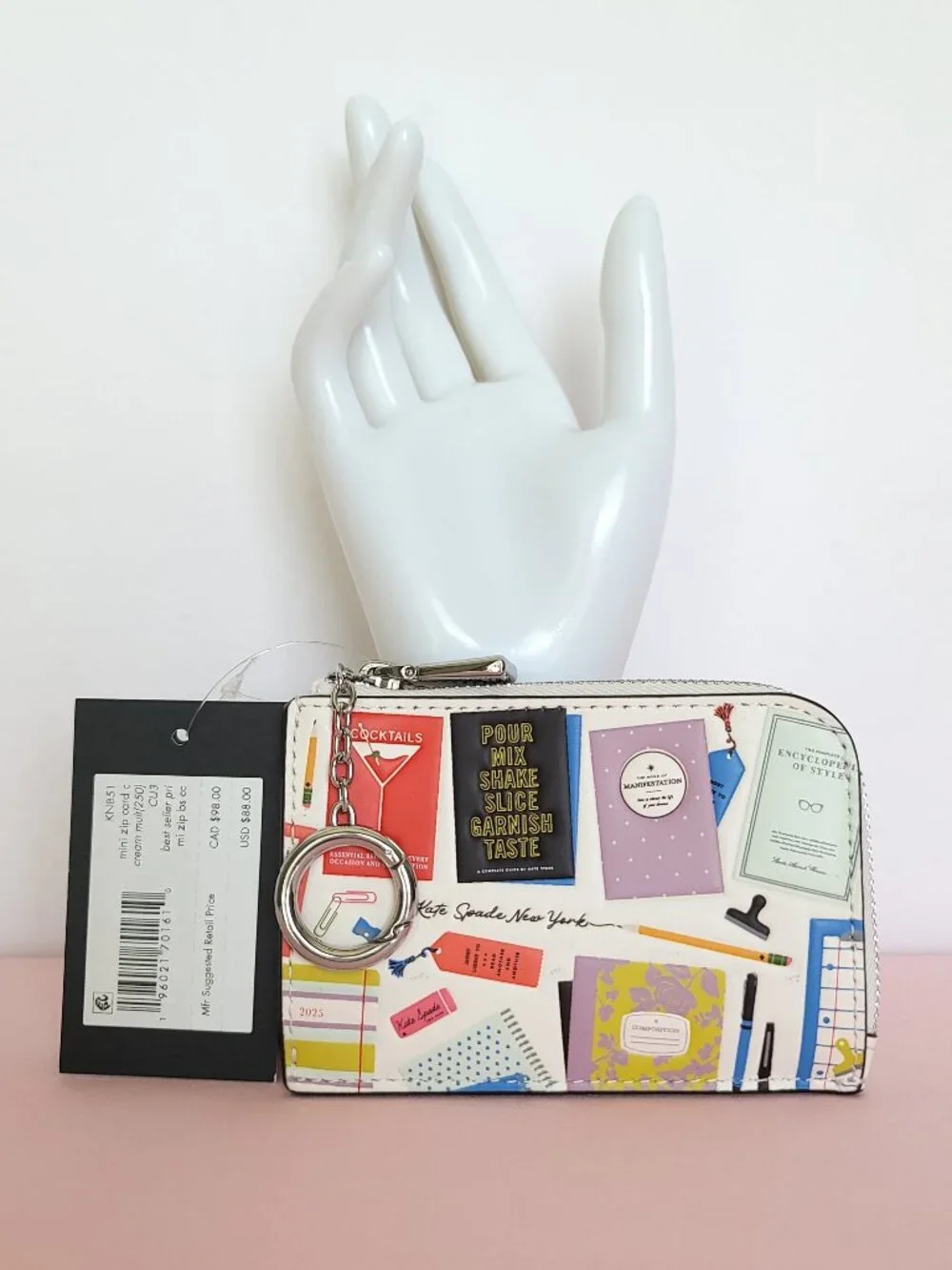KATE SPADE Mini Zipper ID Card Case in Smooth Leather w Print-Cream multi⭐